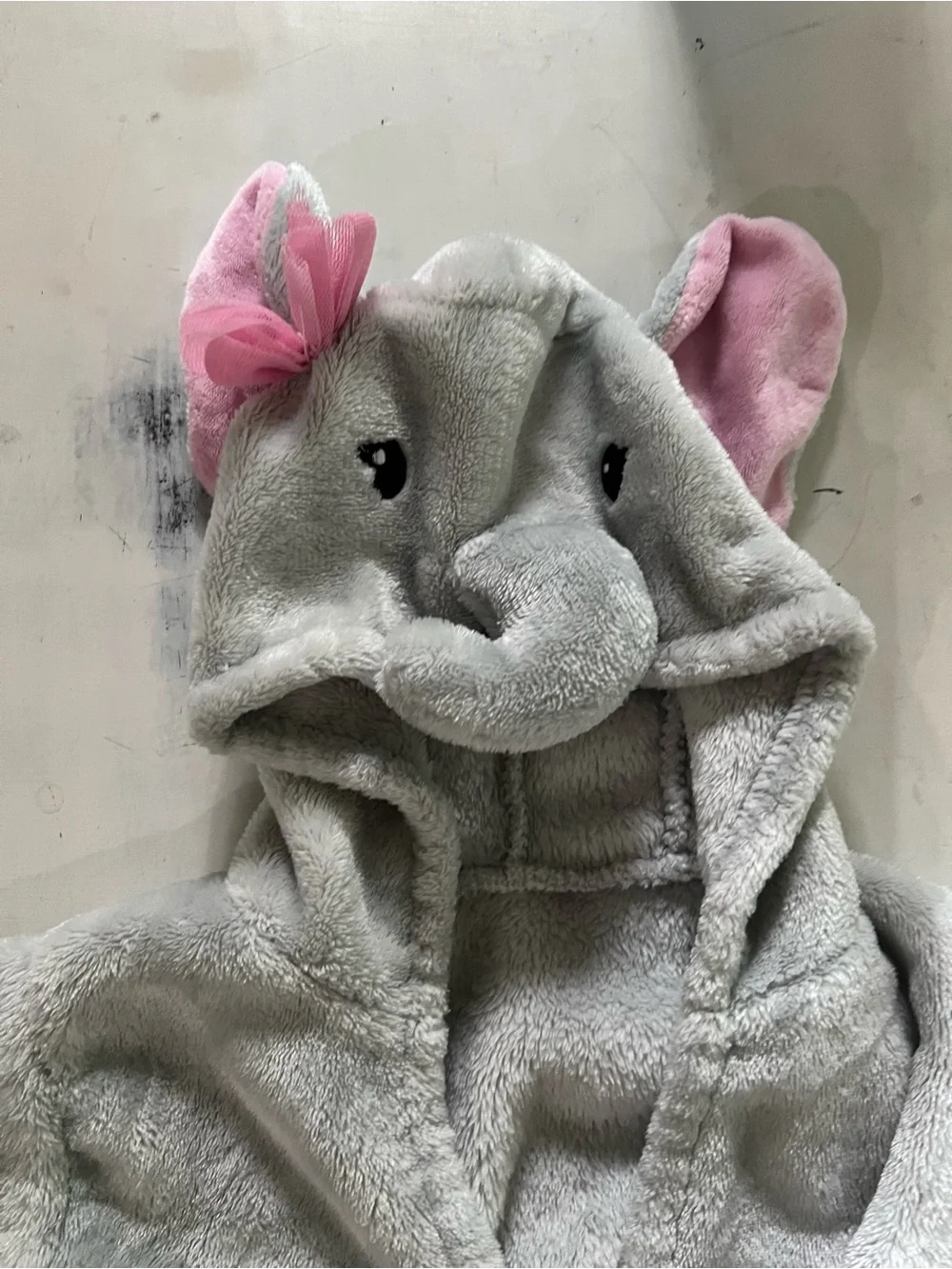 HB Plush Elephant Hooded Kids Pajama Robe - Light Gray with Pink Ears 0-9 Months